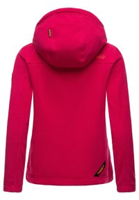 Pink fleece jacket with a hood, featuring stitching details and a branded patch. Smooth texture and long sleeves.
