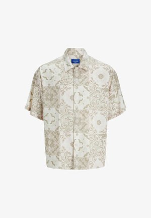 Kratka majica s kratkimi rokavi v svetli bež barvi, okrašena z zapletenimi cvetličnimi in geometrijskimi vzorci, z zapenjanjem spredaj in klasičnim ovratnikom.