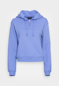 Ljusblå hoodie i mjukt material, med en framdragbar dragkedja, dragsnören vid huvan och ribbade muddar och fåll.