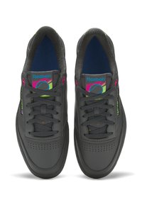 Black leather Reebok sneakers with round toes, textured accents, perforated details, and colorful branding on the tongue and side.