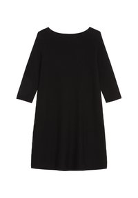 Robe en maille noire à manches trois-quarts et encolure large, suspendue à plat sur un fond blanc.