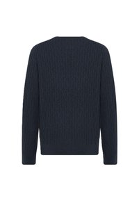 Donkerblauwe gebreide trui met een gestructureerd patroon, geribbelde mouwen en onderrand, en een ronde halslijn. De achterkant toont het ontwerp duidelijk.