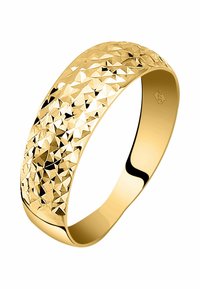 Gold ring featuring a faceted surface, wide band, smooth interior, and polished finish. Displays reflective light patterns and texture.