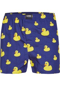 Blauwe boxershorts met een herhaald patroon van gele rubberen eenden met oranje snavels en blauwe ogen. Elastische tailleband, lichtgewicht stof.