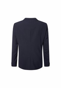 Marineblauwe blazer met een getailleerde pasvorm, enkele rugventilatie en lange mouwen. Fijne textuur met subtiele patroon details en knoopaccenten.