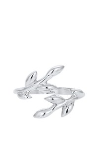 Silberring mit einem Zweigdesign und länglichen Blättern. Hergestellt aus poliertem 925er Sterlingsilber, das glatte, reflektierende Oberflächen zeigt.