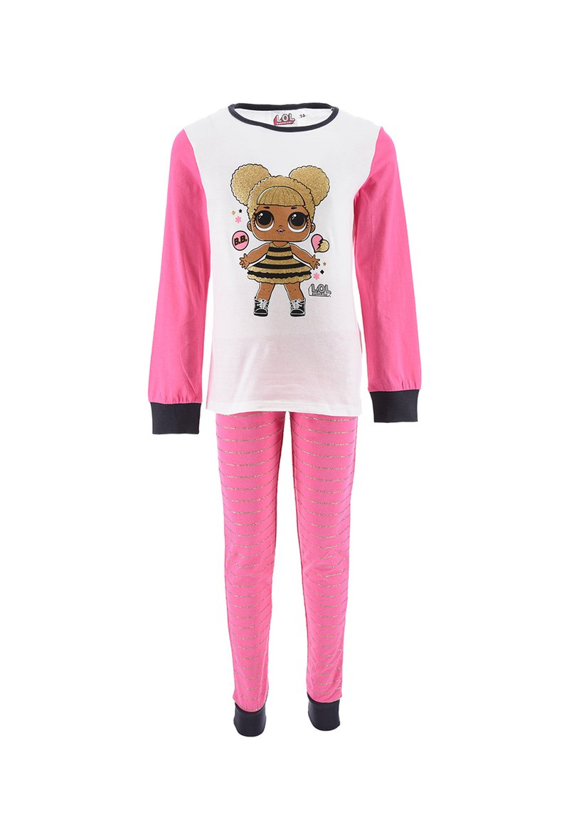 Children's pajamas featuring a white top with pink sleeves and graphic of a character, paired with pink striped pants with sparkles.