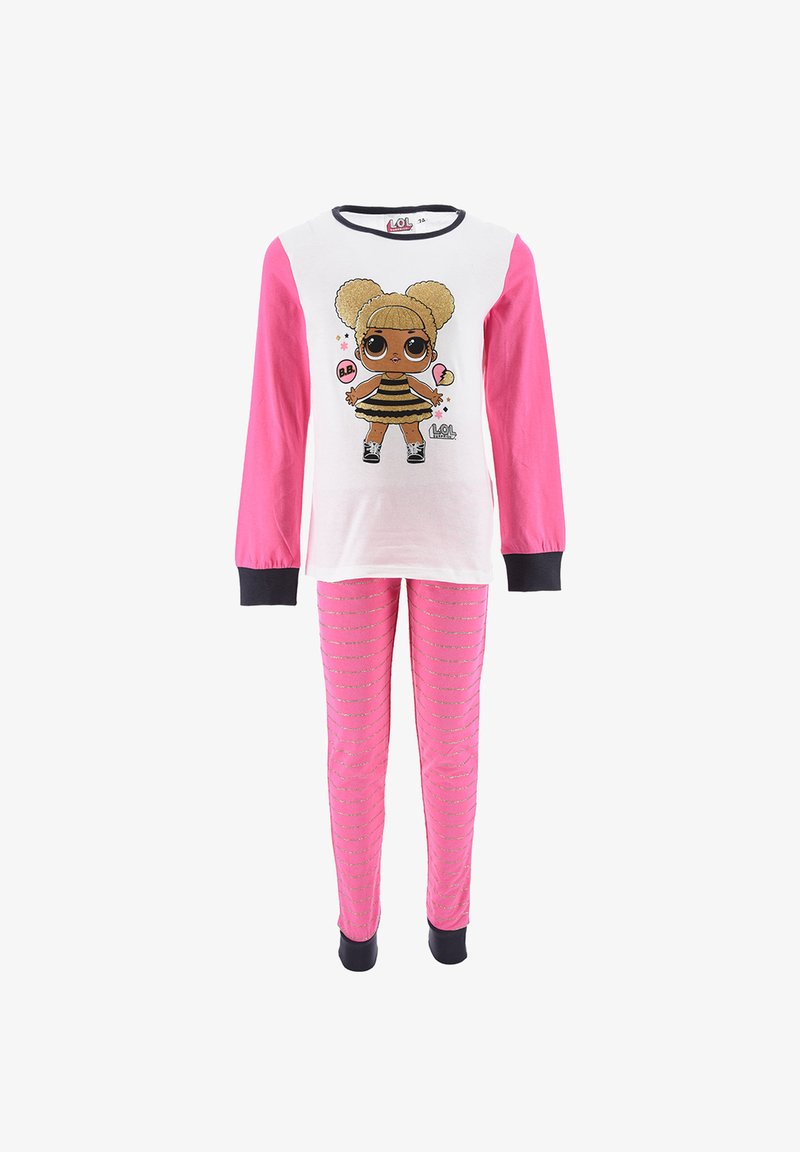 Children's pajamas featuring a white top with pink sleeves and graphic of a character, paired with pink striped pants with sparkles.