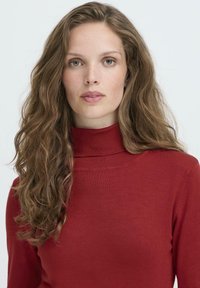 Sarkans džemperis ar augstu apkakli, kam raksturīgs gluds, pieguļošs dizains un ribota apkakle. Audums izskatās mīksts ar smalku tekstūru.