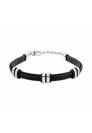 Bracciale in pelle intrecciata nera con tre anelli in metallo argento e nero e una chiusura in argento con catena regolabile.