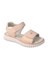 Różowa sandał z teksturowanym wzorem, z rzepem i wyściełaną wkładką. Biała gumowa podeszwa z zaokrąglonymi brzegami i wnętrzem w nadruk serc.