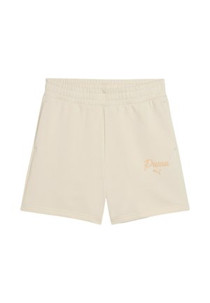 Pantaloncini beige con vita elastica, tasche laterali e piccolo logo Puma arancione sulla gamba anteriore destra.