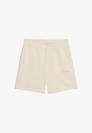 Pantaloncini beige con vita elastica, tasche laterali e piccolo logo Puma arancione sulla gamba anteriore destra.