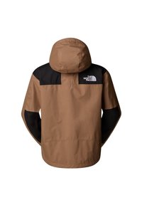 Brązowa i czarna kurtka z kapturem o gładkiej fakturze, z logo na plecach i kontrastującymi panelami. Lekki, codzienny fason.