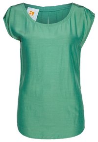 Zelený krátký rukáv top z lehkého materiálu. Má kulatý výstřih a volný střih s hladkou strukturou. Minimalistický design, bez vzorů.