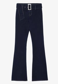 Mørkeblå slengbukser med høy midje, med en hvit rektangulær beltespenne og kontraststing. Stoffet ser solid og glatt ut.
