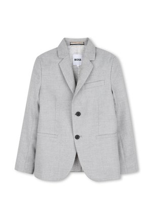 Blazer homme gris clair avec revers crantés, deux boutons devant et trois poches passepoilées, présenté sur fond blanc.