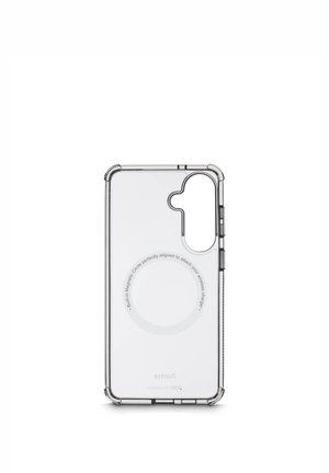 Clear protective phone case with built-in magnetic circle for wireless charger alignment, featuring camera and button cutouts.