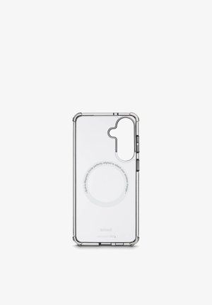 Clear protective phone case with built-in magnetic circle for wireless charger alignment, featuring camera and button cutouts.