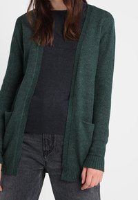 Green knit cardigan with a loose fit, open front, and ribbed cuffs. Features two front pockets and a soft texture. Worn over a dark sweater.
