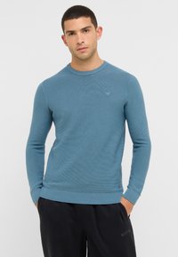 Maglione azzurro chiaro a girocollo con polsini e orlo a coste, caratterizzato da un sottile motivo testurizzato e un piccolo logo ricamato sul petto.