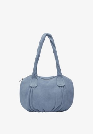 Sac à main bleu doux de forme arrondie, détails en tissu froncé, poignées tressées et fermeture à glissière supérieure.