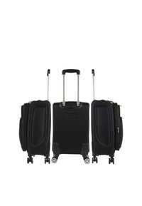 Equipaje negro con ruedas y exterior duro, con dos asas retráctiles y ruedas que giran suavemente, que cuenta con compartimentos con cremallera en los laterales.