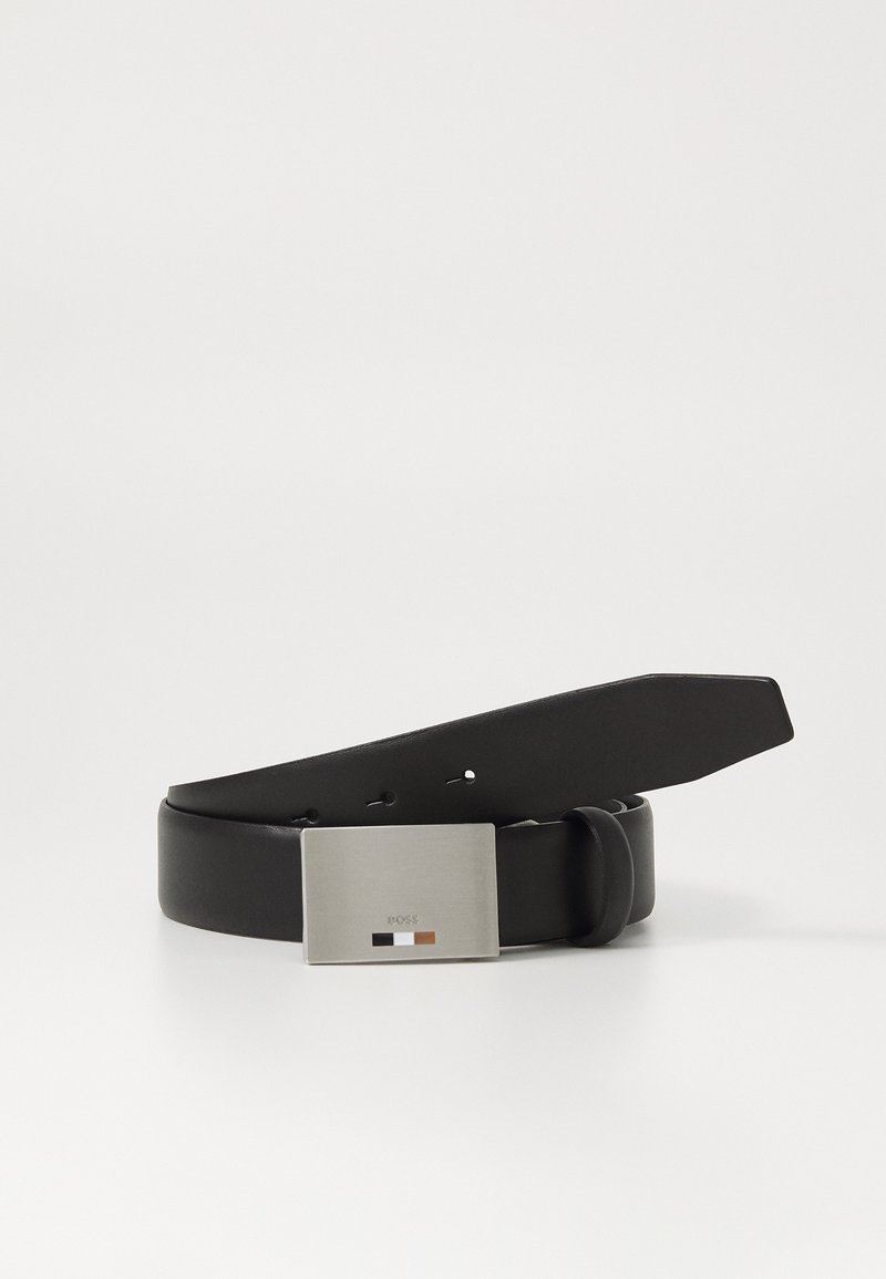 Black leather belt with a rectangular silver metal buckle featuring a logo and three color accents: white, black, and brown.