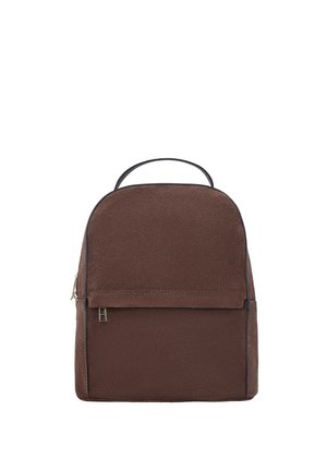 Brown suede backpack with a top handle, front zipper pocket, and black trim on a white background.