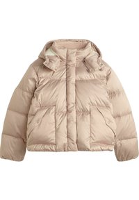 Chaqueta acolchada de un beige claro con capucha desmontable, bolsillos frontales con broches y un cuello alto diseñado para el clima frío.