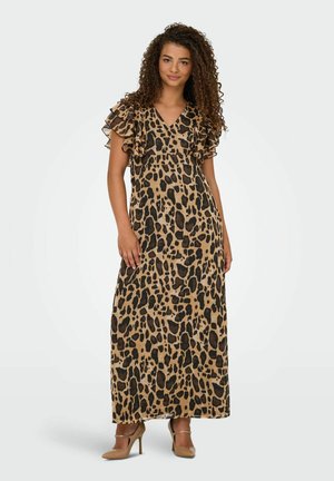 Maxiklänning med leopardmönster i lättviktsmaterial, med V-ringning och lager av volangärmar. Beige bas med svarta fläckar.