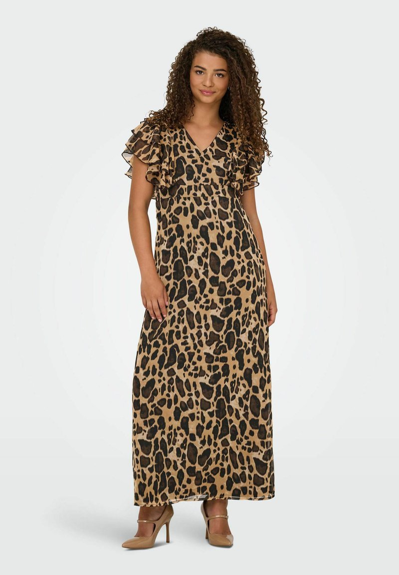 Maxi dress in stampa leopardato, realizzato in tessuto leggero, con scollo a V e maniche a strati con volant. Base beige con macchie nere.