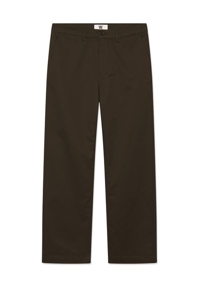 Brown cotton trousers with a straight cut, featuring front pockets, a button closure, and a waistband label. Smooth texture and uniform color.