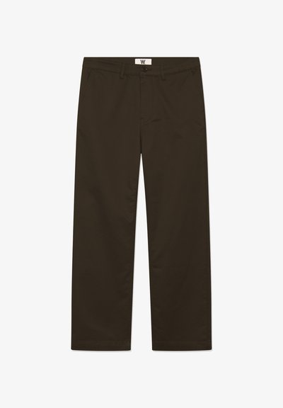 Brown cotton trousers with a straight cut, featuring front pockets, a button closure, and a waistband label. Smooth texture and uniform color.