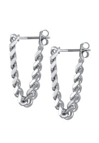 Boucles d'oreilles en argent avec un design de chaîne torsadée, dotées de fermoirs sécurisés et d'une finition polie. Chaque boucle d'oreille présente une texture lisse.