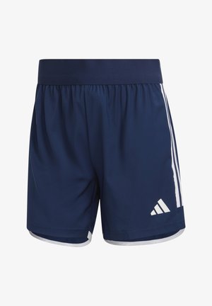 Marineblauwe sportshorts met een elastische taille, voorzien van witte zijkanten en een witte logo-accent. Gemaakt van lichtgewicht, ademend materiaal.