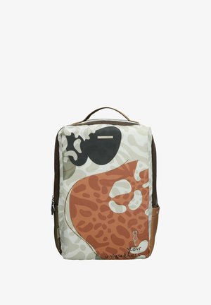 Rechteckiger Rucksack mit abstrakten beigen, braunen und schwarzen Mustern, einem oberen Griff, Reißverschluss und dem Text "Deine Einzigartigkeit" nahe der unteren rechten Ecke.