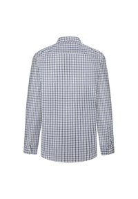 Camicia a maniche lunghe con bottoni, in una fantasia a quadri blu e bianca, mostrata da dietro con polsini bottonati e orlo dritto.