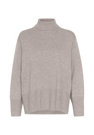 Lys grå rullekrave sweater lavet af blødt strikmateriale. Har ribbede manchetter og kant, med en afslappet pasform for komfort.