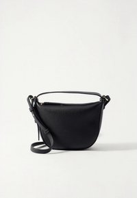 Black leather crossbody bag with a curved shape, textured surface, top zipper closure, and an adjustable strap. Gold hardware accents visible.