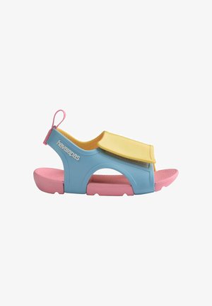 Blue and yellow rubber sandals with a pink sole, open design, textured footbed, and rear pull tab for easy wear.