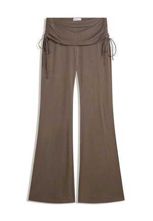 Brown ribbed knit wide-leg pants with ruched drawstring waist detail, laid flat on a white background.