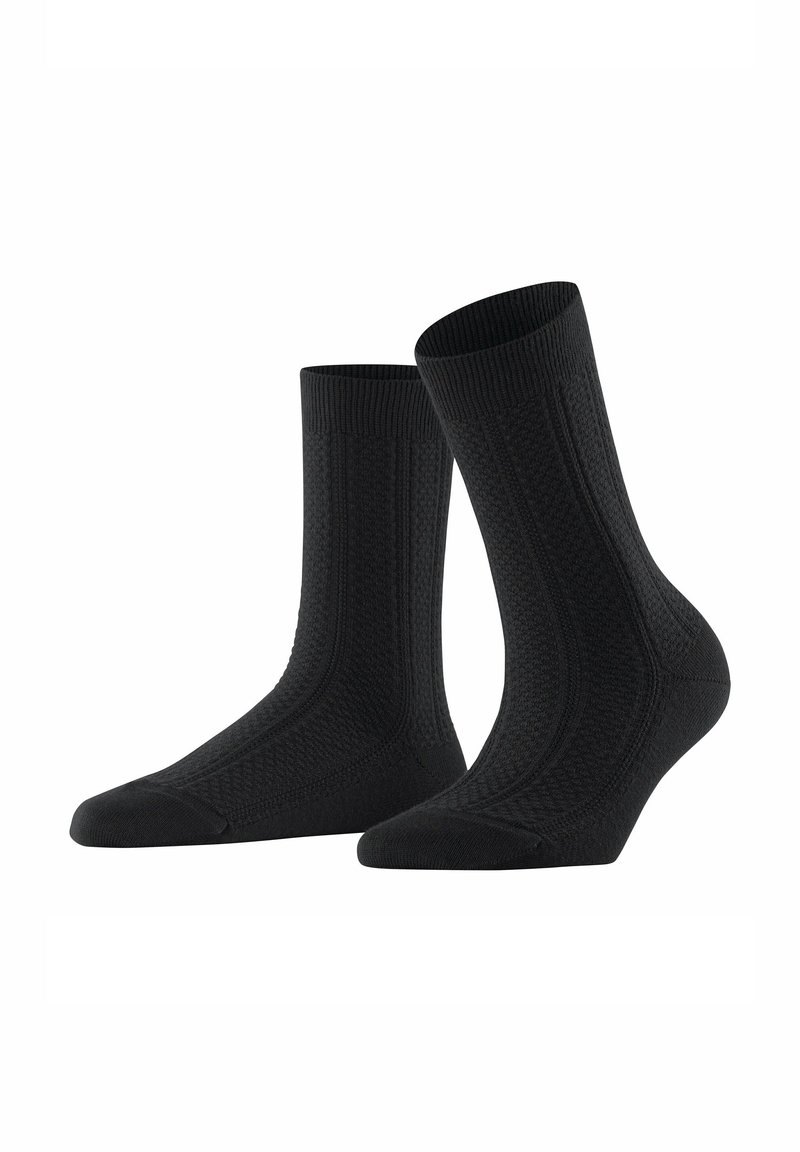 Schwarze gestrickte Socken mit einem strukturierten Muster, ausgestattet mit gerippten Bündchen sowie verstärkten Zehen- und Fersenbereichen für Strapazierfähigkeit und Komfort.