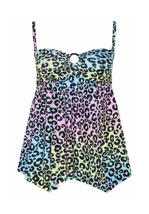 Jurk met smalle bandjes en multicolor pastel luipaardprint, sweetheart halslijn, ringdetail vooraan en asymmetrische zoom.