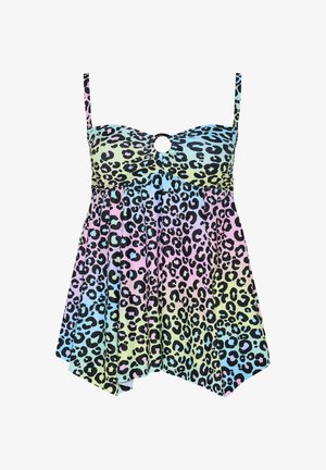 Jurk met smalle bandjes en multicolor pastel luipaardprint, sweetheart halslijn, ringdetail vooraan en asymmetrische zoom.