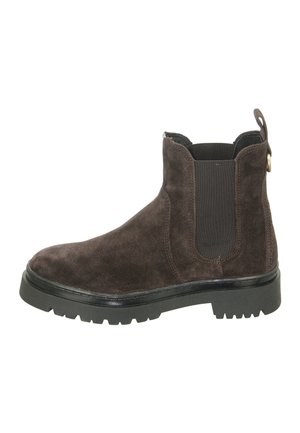 Brown suede Chelsea boots with elastic side panels and a pull tab. Sturdy black rubber sole with a textured tread for grip.