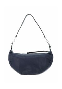Sac en cuir bleu marine de forme arrondie, avec une bandoulière amovible et une poche zippée à l'avant. SurfaceTexturée avec des coutures visibles.