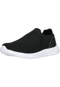 Schwarze Slip-On-Sneaker mit einem gestrickten Obermaterial, weißer Sohle und strukturiertem schwarzen Akzent an der Ferse. Verfügt über ein leichtes und flexibles Design.