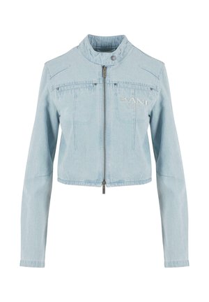 Lyseblå denimjakke med kort design, mandarin-krage, glidelås foran og to brystlommer. Har brodert logo-detalj.