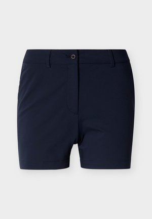 Marineblå shorts laget av et strekkbart stoff, med flat front, knappelukking og to sidelommer. Jevn tekstur og skreddersydd fasong.